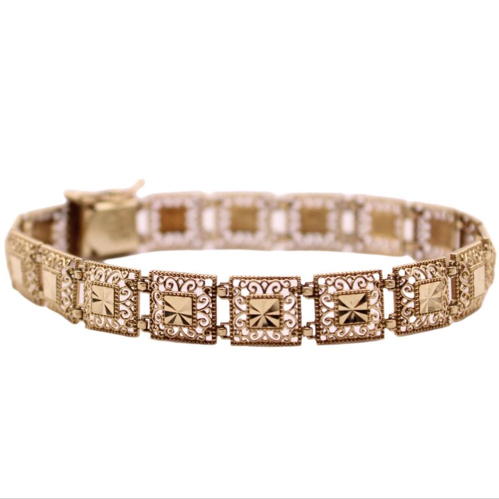 Vintage 10kt Yellow Gold Square Link Ornate Open Filigree Wide Bracelet 7” Wrist